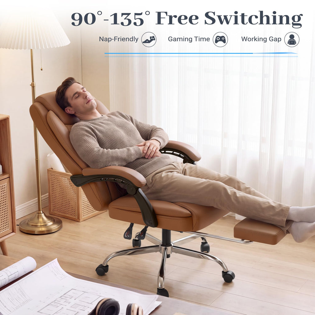 Brown Leather Ergonomic High Back Office Chair with Footrest K1950