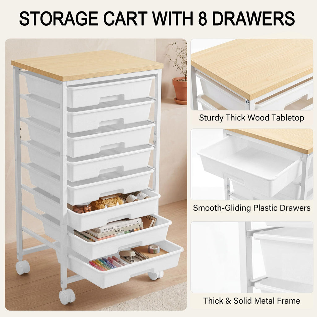 8 Drawer Rolling Storage Cart with Wooden Tabletop O2780
