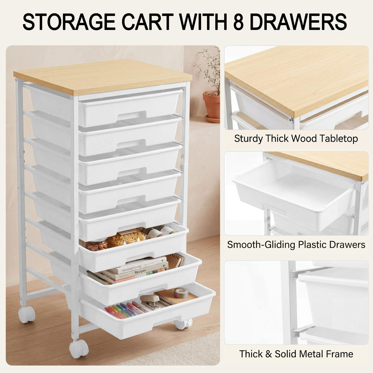 8 Drawer Rolling Storage Cart with Wooden Tabletop O2780