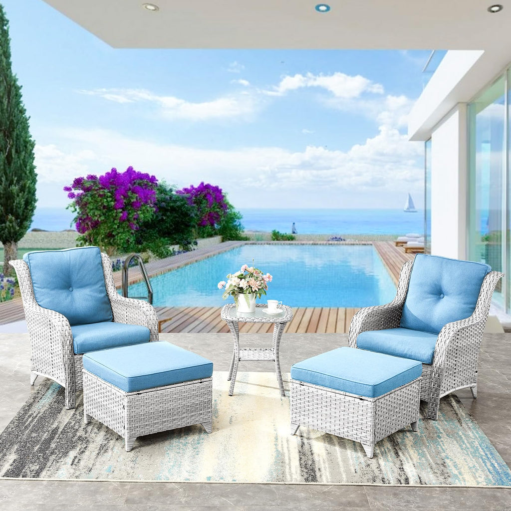 Wicker Outdoor Ottomans Set of 2 Handwoven Rattan Footstools with Removable Cushions C801