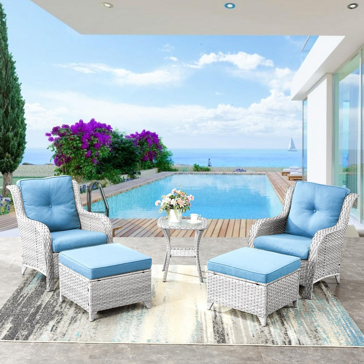 Wicker Outdoor Ottomans Set of 2 Handwoven Rattan Footstools with Removable Cushions C801