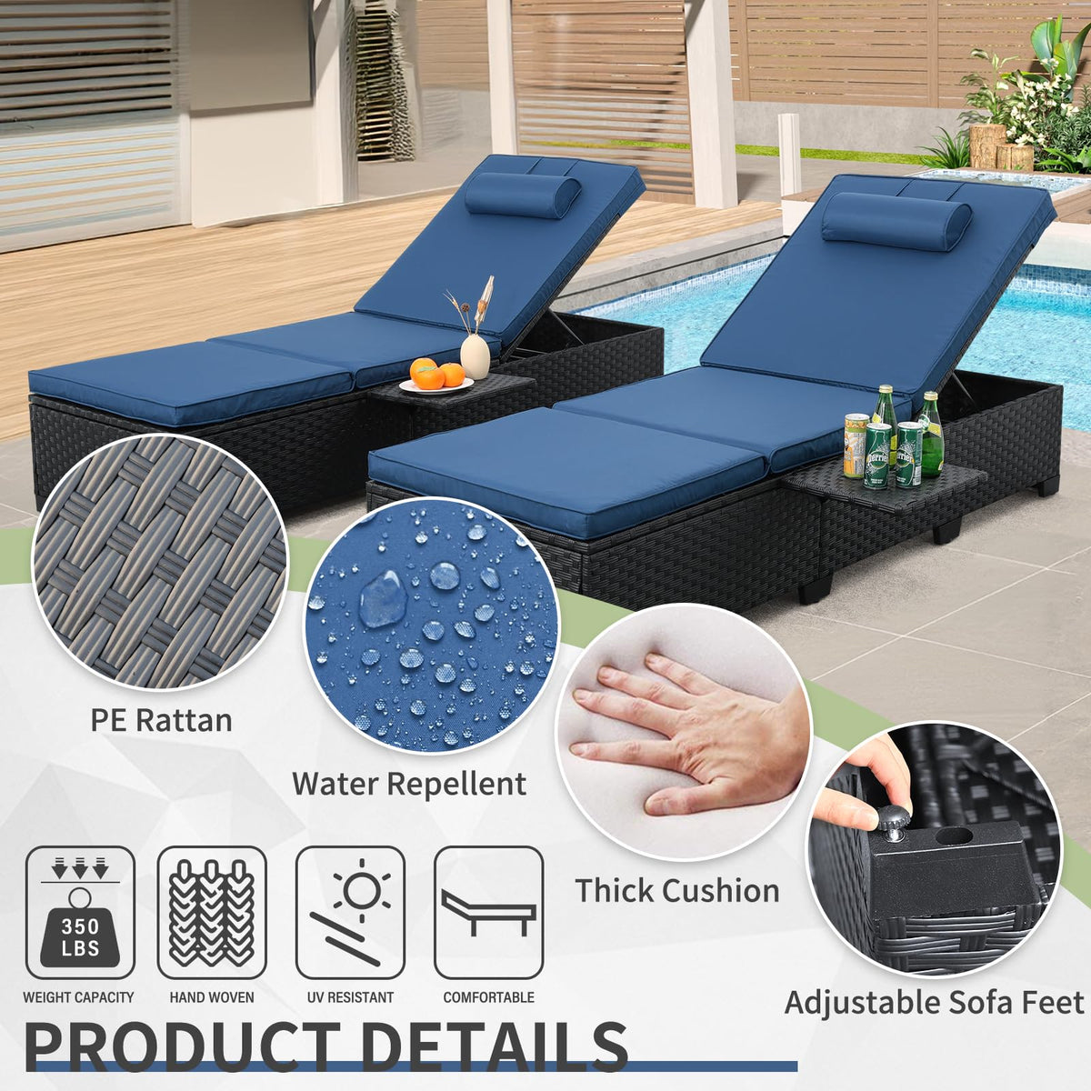 Black Wicker Chaise Lounge Chairs Set of 2 with Navy Blue Cushion D3758