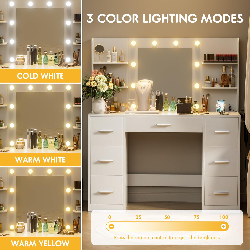 White Vanity Desk with Lighted Mirror and 7 Drawers G78447