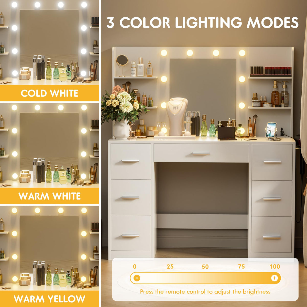 White Vanity Desk with Lighted Mirror and 7 Drawers G78447