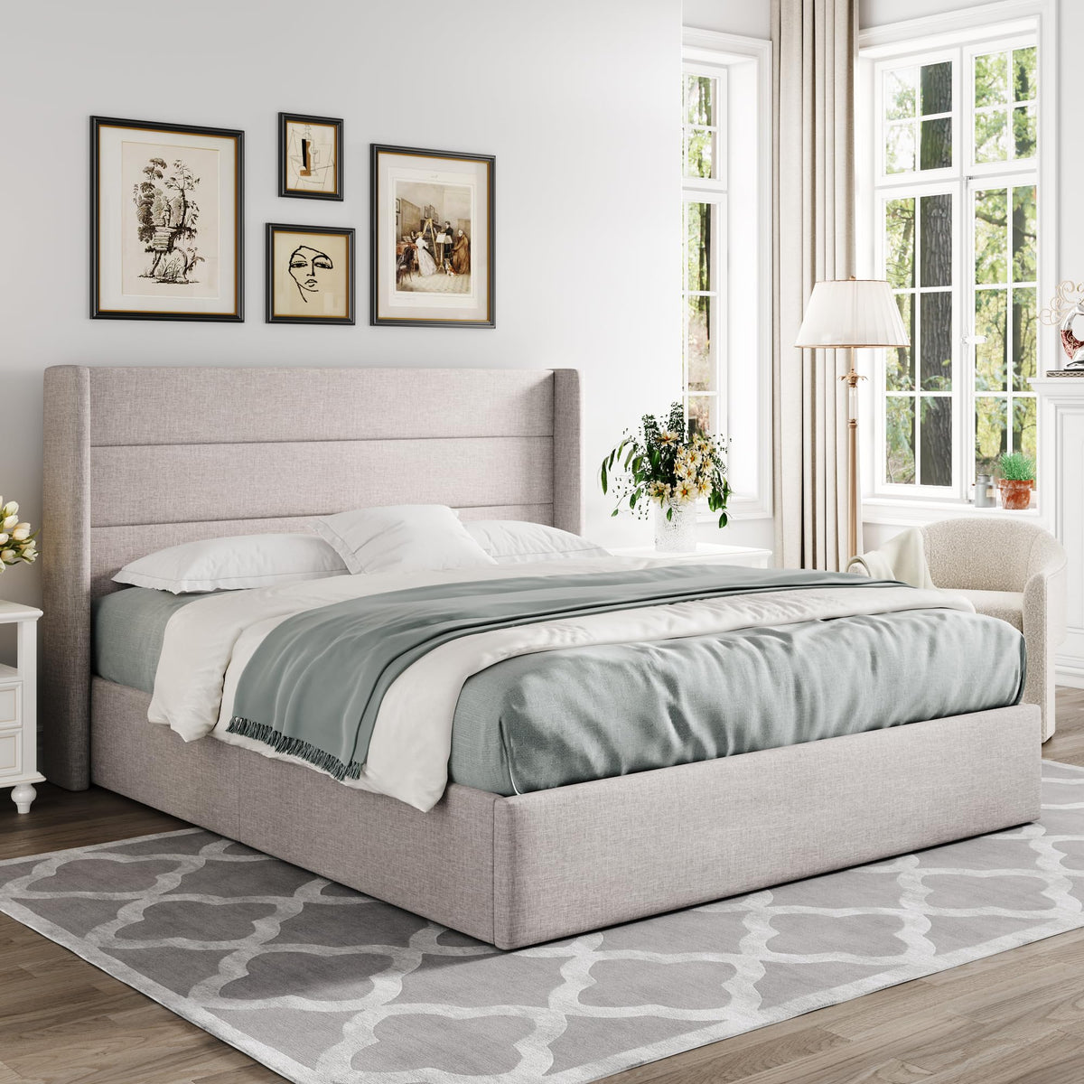 Queen Size Lift Up Storage Bed Frame Light Beige F527336