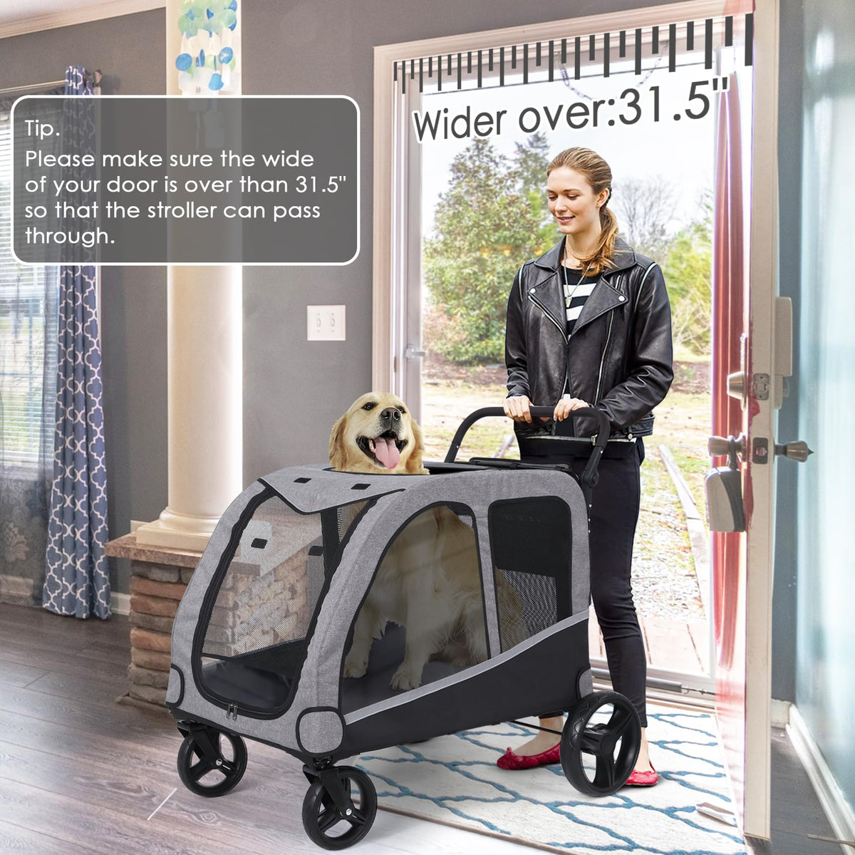 Extra Large Foldable Dog Stroller with Pocket, Up to 130 lbs I560879
