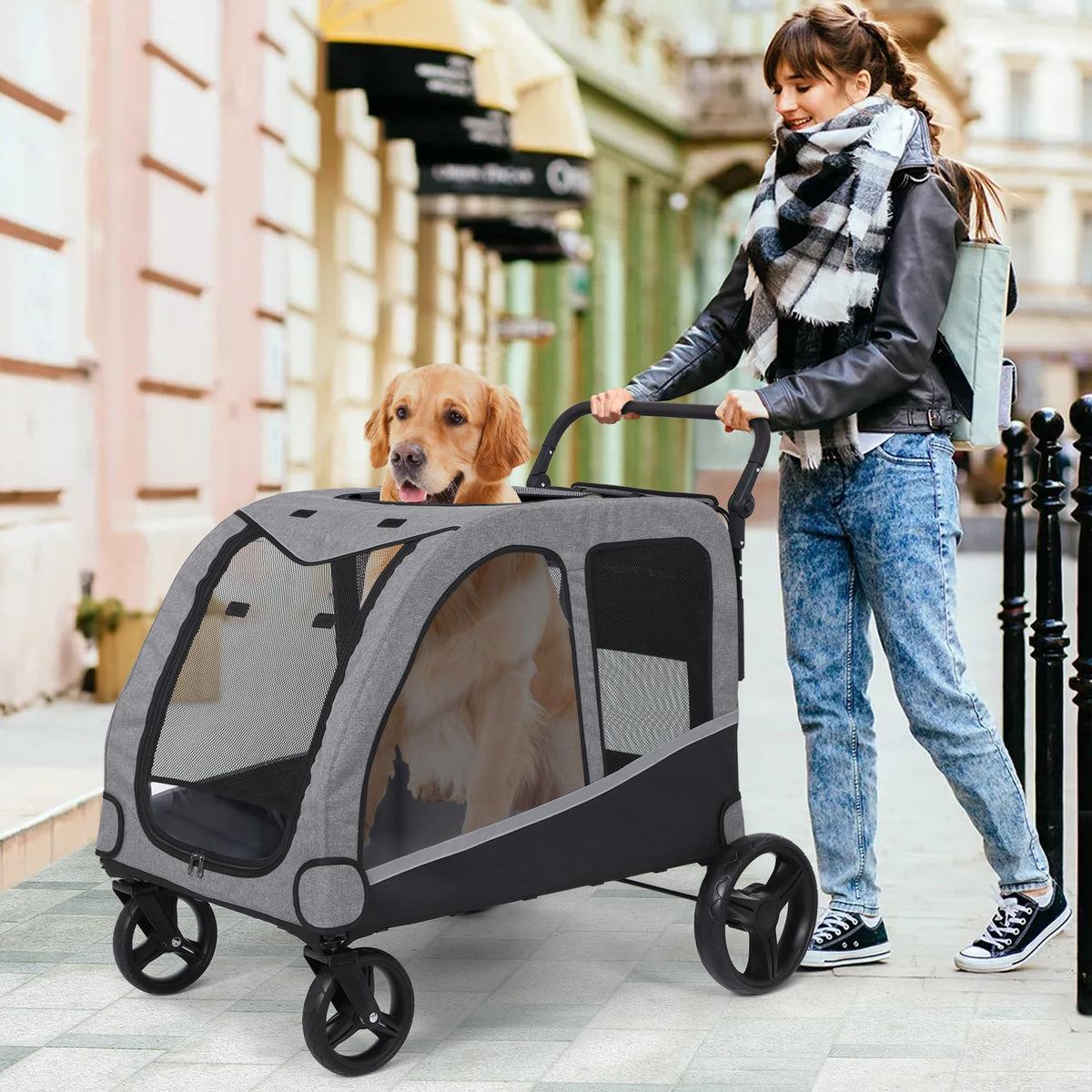 Extra Large Foldable Dog Stroller with Pocket, Up to 130 lbs I560879