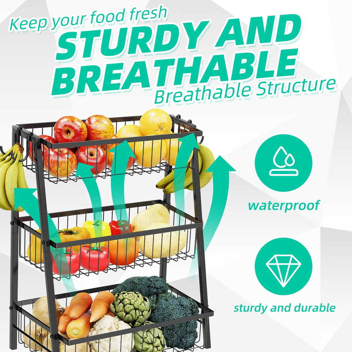 3-Tier Black Metal Wire Fruit Basket with Banana Hooks E508