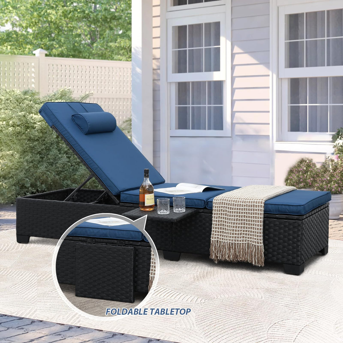Black Wicker Chaise Lounge Chairs Set of 2 with Navy Blue Cushion D3758