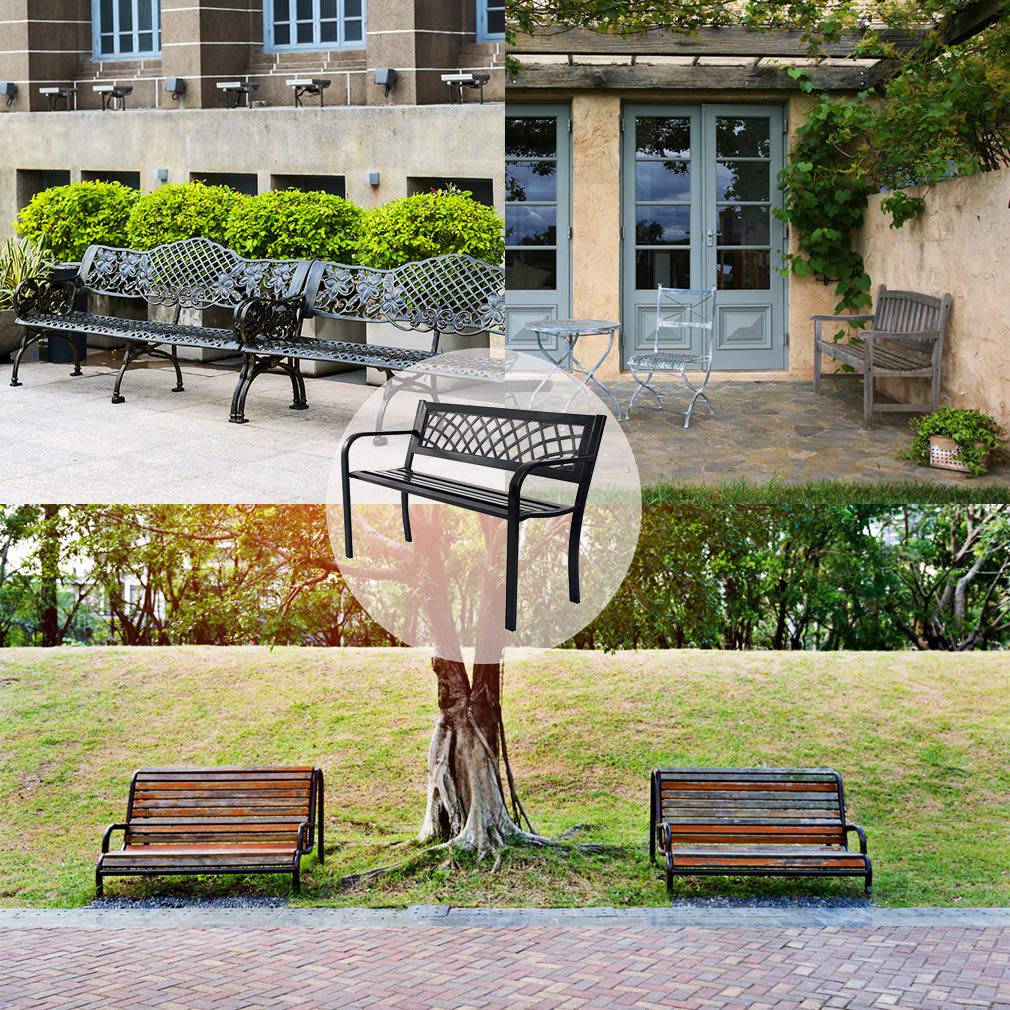 Black Metal Garden Bench with Plastic Backrest and Armrests H9176