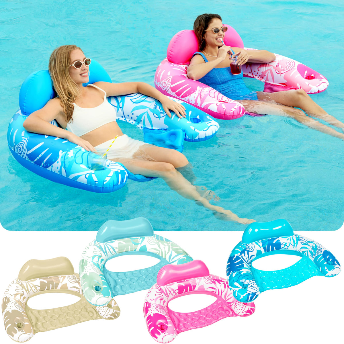 Inflatable Pool Chairs with Cup Holders, 4 Pack L29904