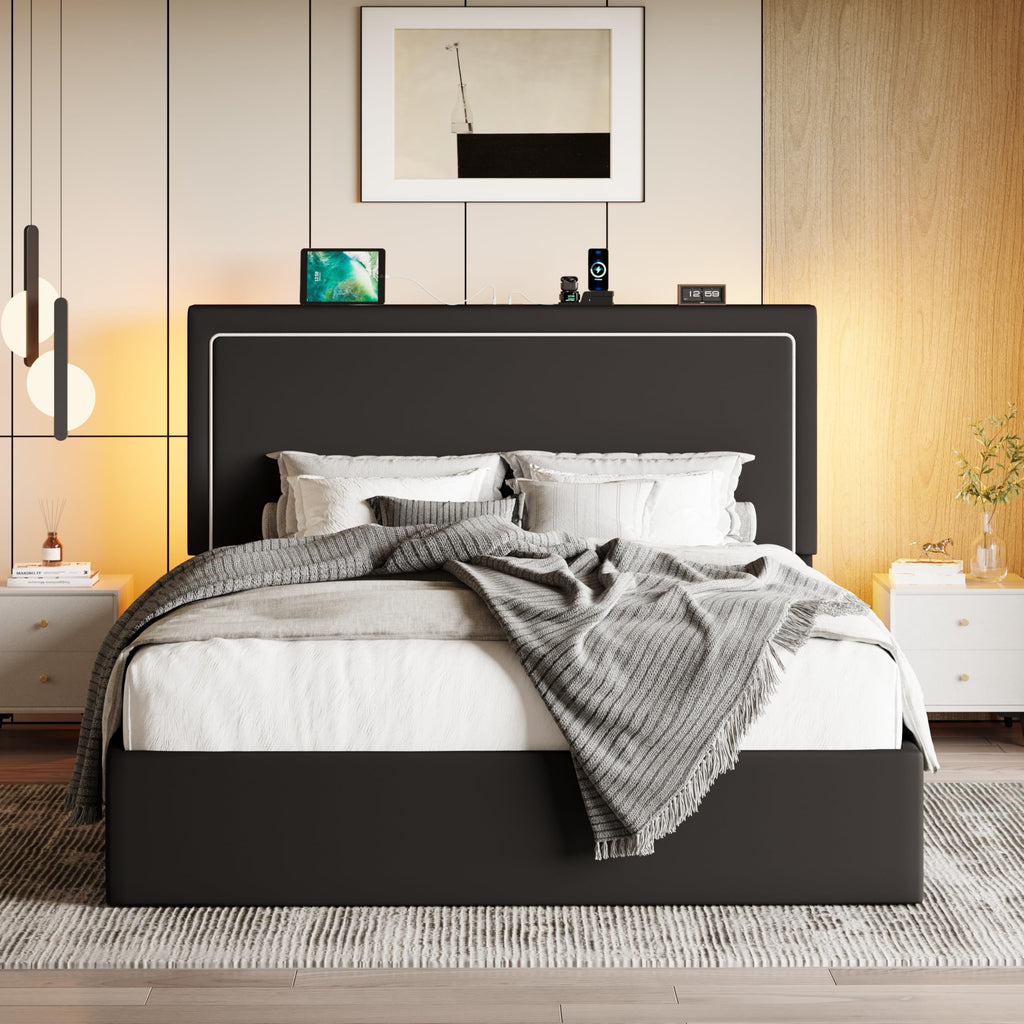 Full Size Lift Up Storage Bed Frame with LED Lights, Black G67074