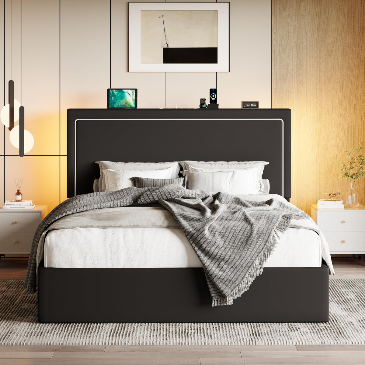 Full Size Lift Up Storage Bed Frame with LED Lights, Black G67074