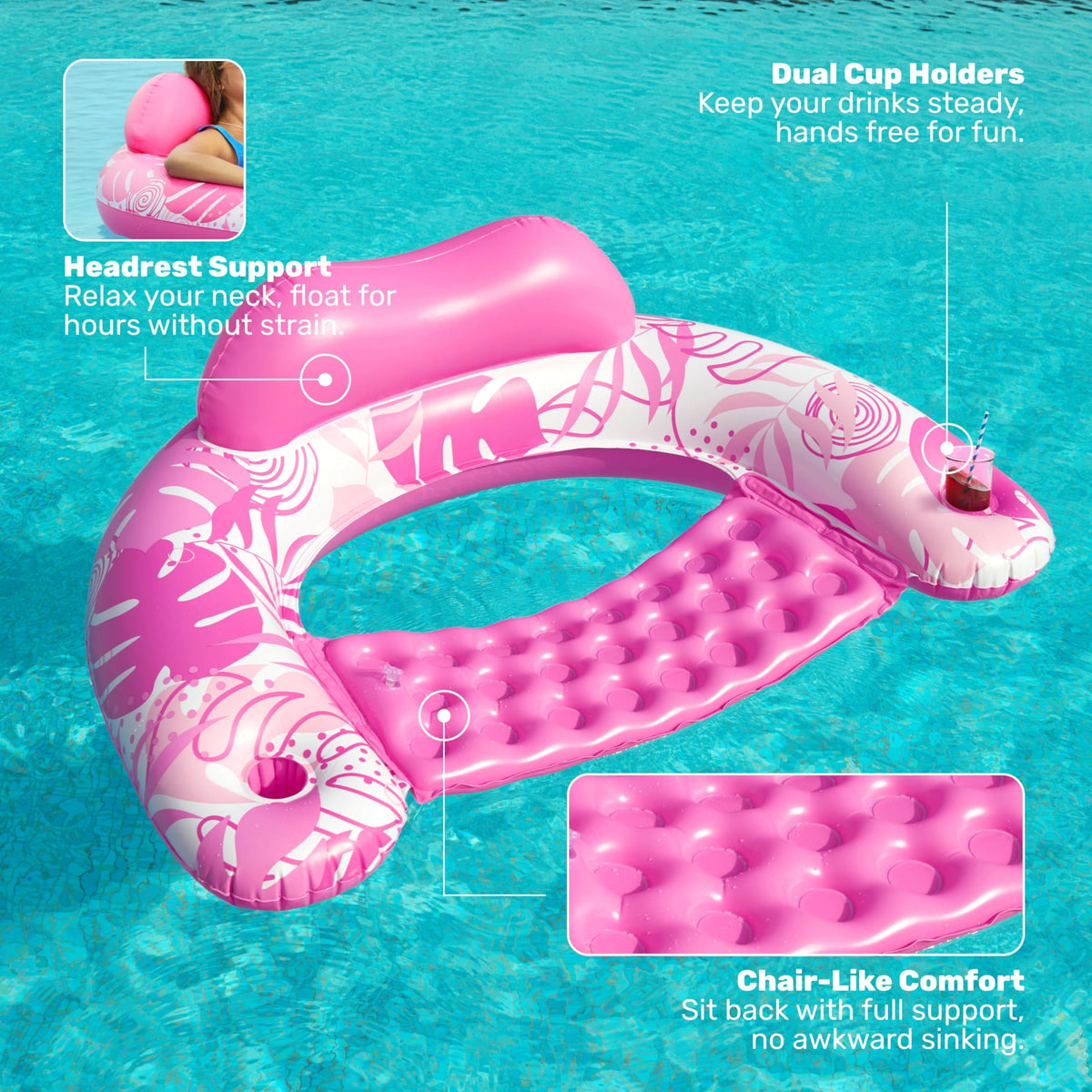 Inflatable Pool Chairs with Cup Holders, 4 Pack L29904