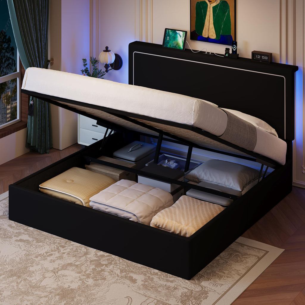 Full Size Lift Up Storage Bed Frame with LED Lights, Black G67074